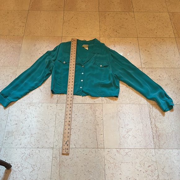 Very soft turquoise short button down shirt. Feels like silk. 2 pockets - Picture 2 of 5